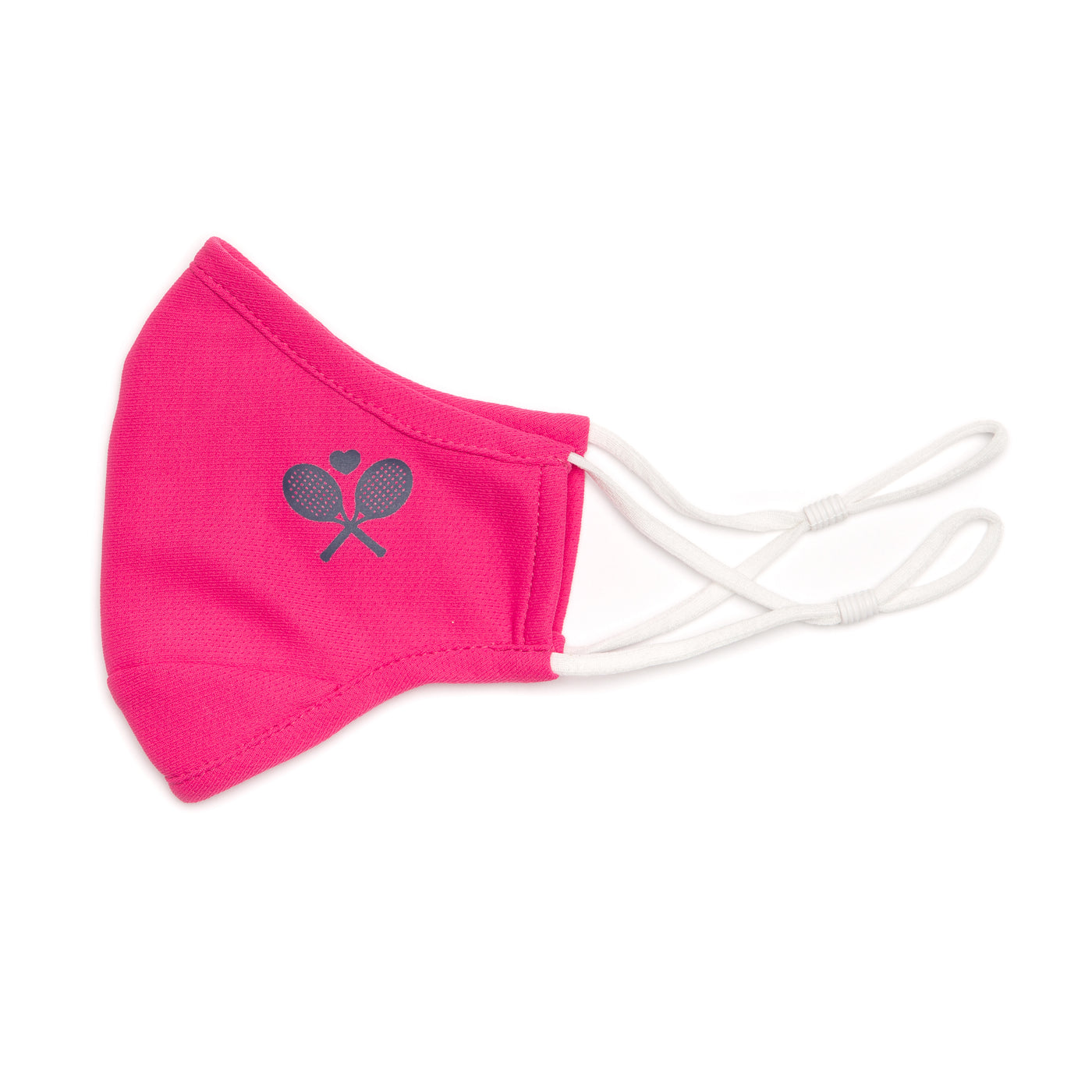 hot pink face mask with navy crossed racquets printed on one side
