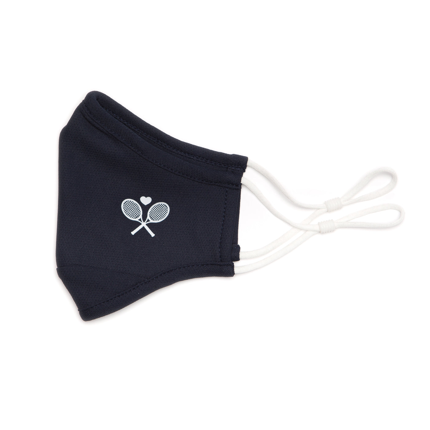 navy face mask with white crossed racquets printed on one side