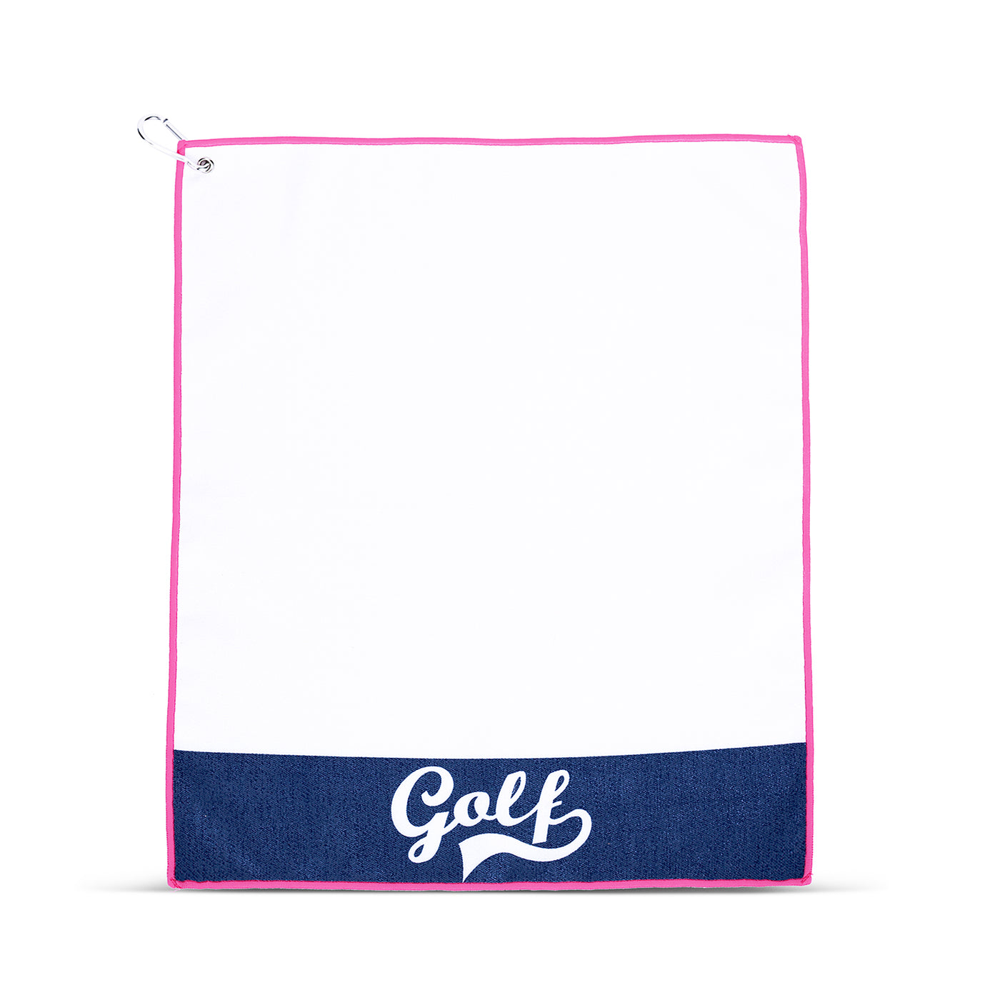 white towel with navy stripe and golf text