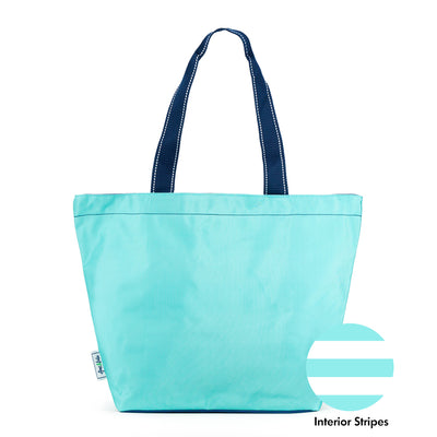 aqua nylon tote bag that shows swatch to show white and aqua stripes on the interior