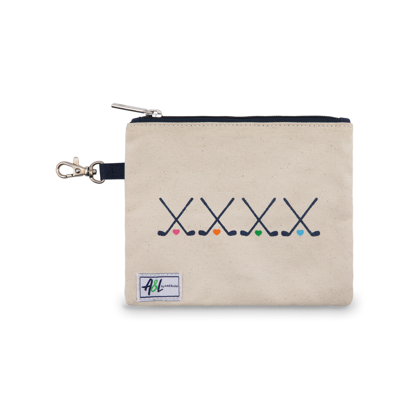 small tan canvas tee pouch with navy crossed golf clubs and rainbow hearts printed on front