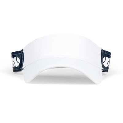Front view of tennis ball overlap head in the game visor. Front of visor is white and sides are navy with white tennis balls printed on the sides.