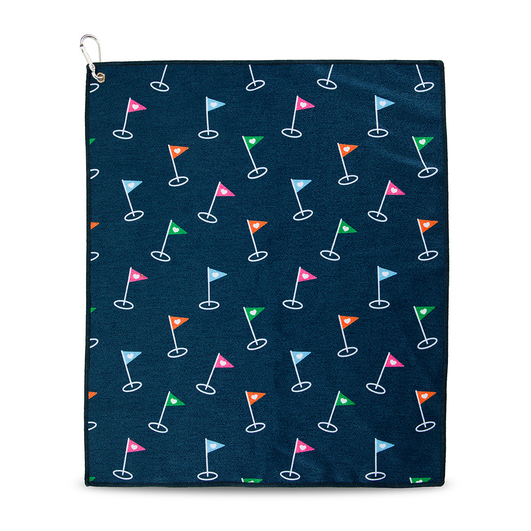 navy towel with rainbow golf flag pattern