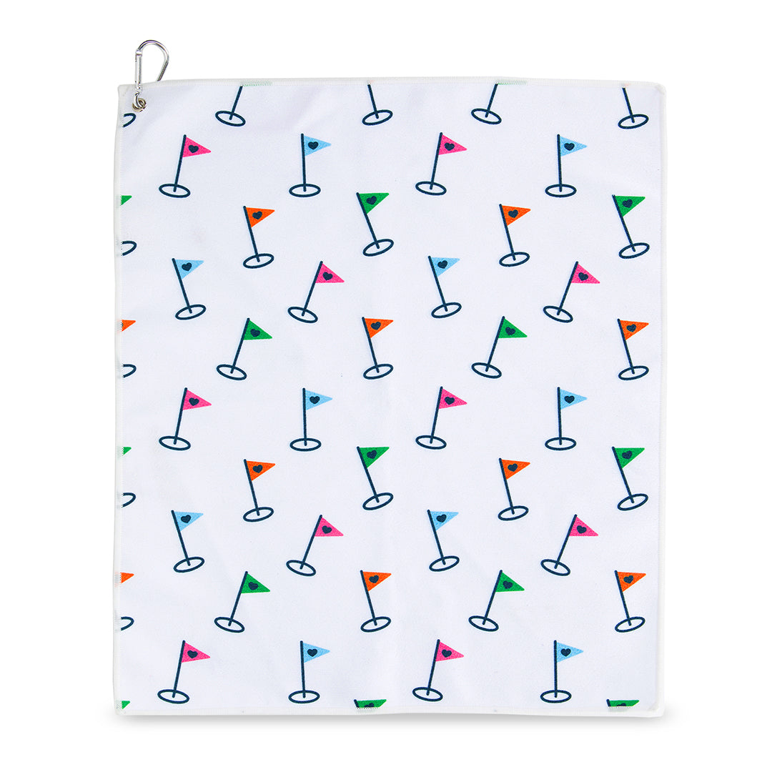 white towel with rainbow golf flag pattern