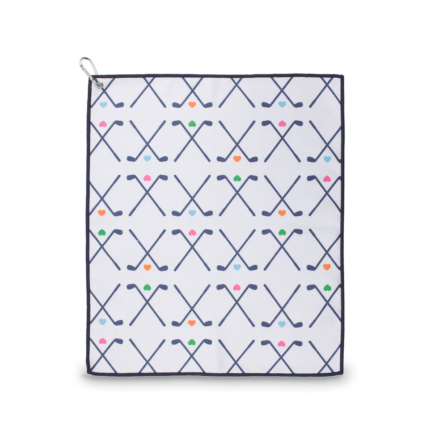 white towel with navy crossed golf club and rainbow heart pattern
