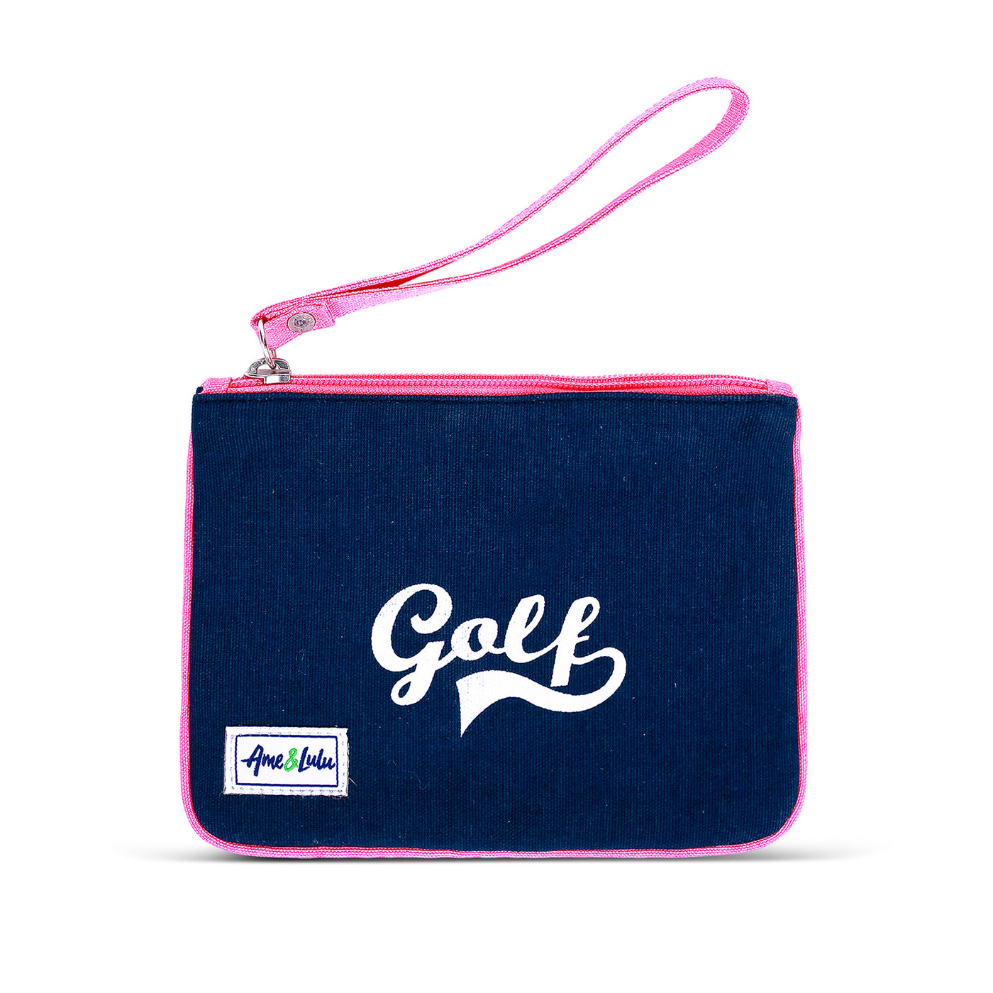 Small navy canvas wristlet with hot pink trim and strap. Front has the word "golf" printed on the front in a white retro font