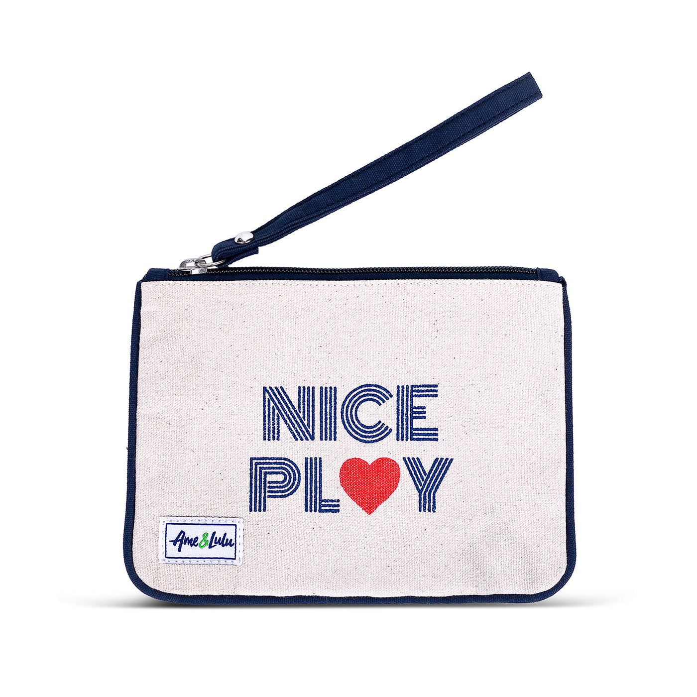 Small tan canvas wristlet with navy trim and strap. Front has the words "nice play" printed on the front in navy with a red heart