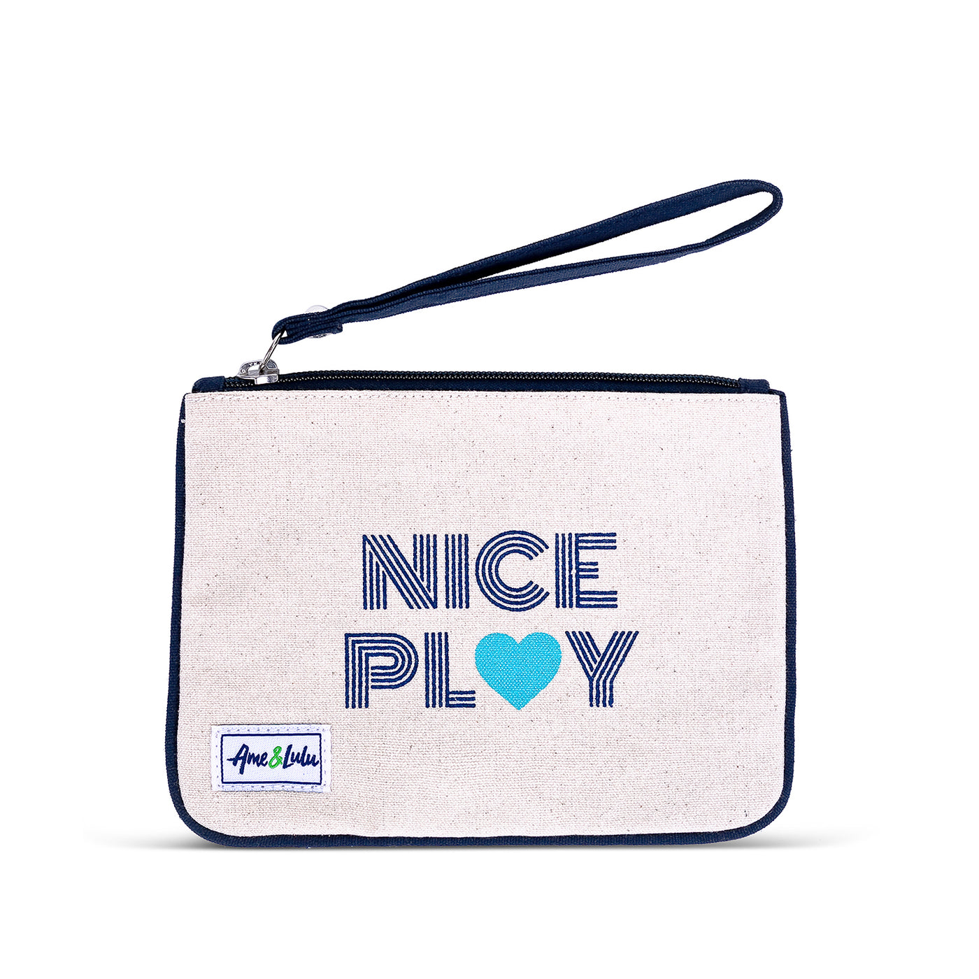 Small tan canvas wristlet with navy trim and strap. Front has the words "nice play" printed on the front in navy with a teal heart
