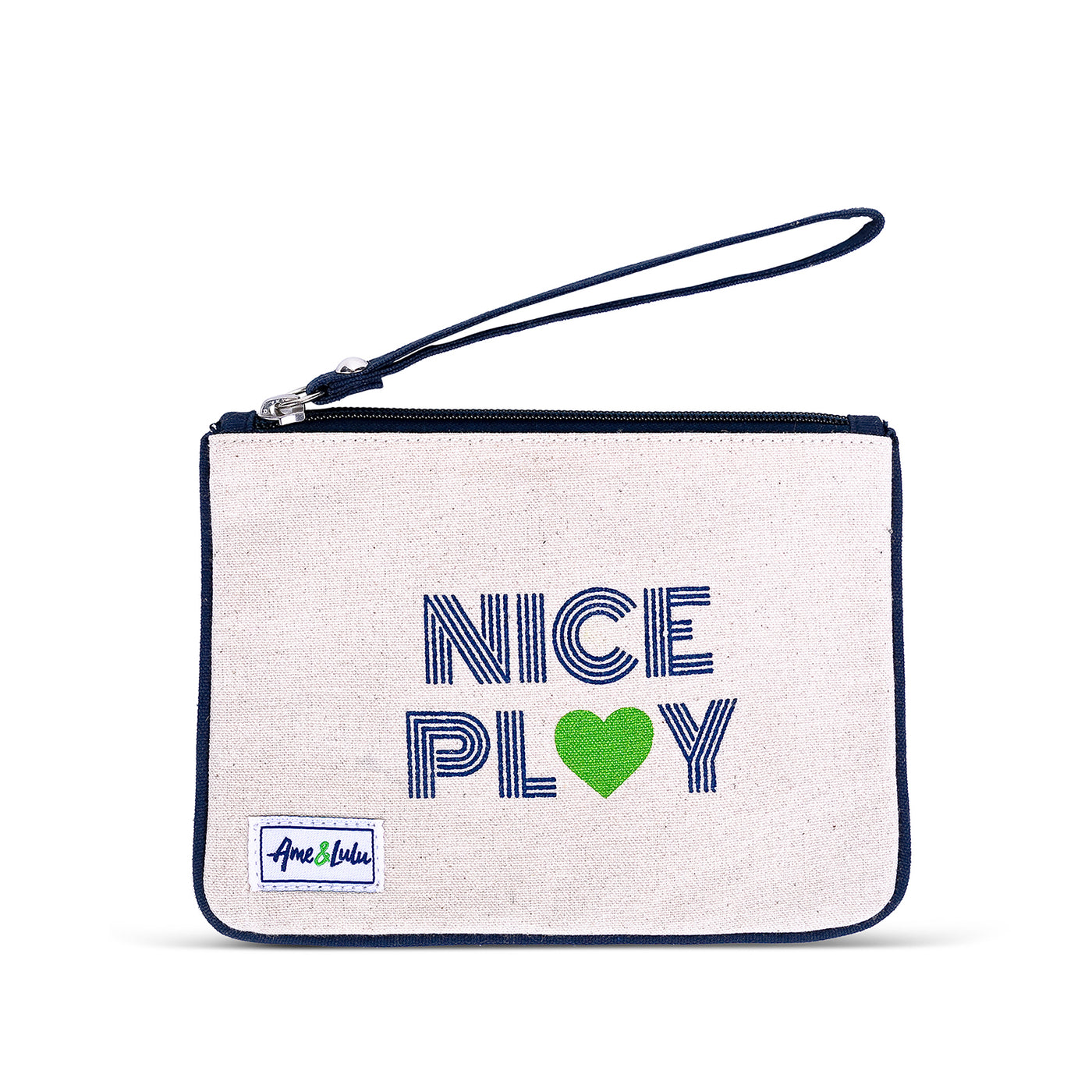 Small tan canvas wristlet with navy trim and strap. Front has the words "nice play" printed on the front in navy with a green heart