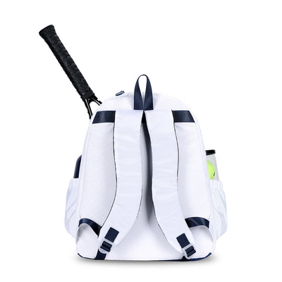 Back view of white tennis backpack. Backpack has navy straps and trim on the back.