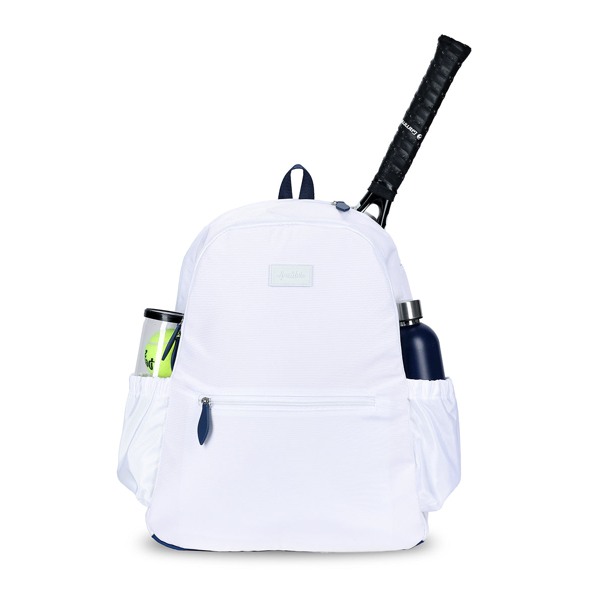 Front view of white tennis courtside backpack with racquet in pocket inside backpack. Side pockets hold water bottle and tennis balls.