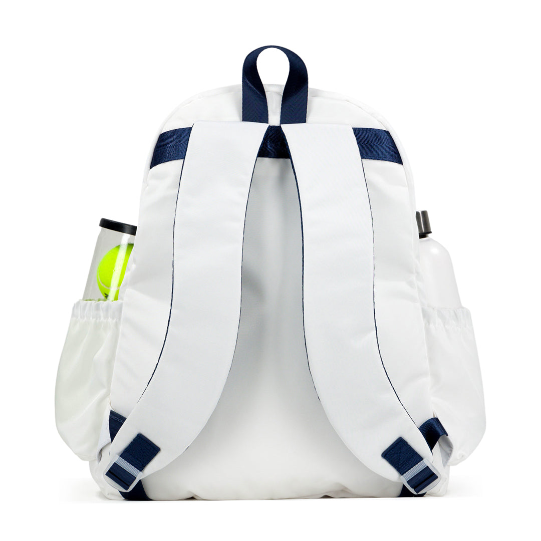 Back view of white tennis backpack. Backpack has navy straps and trim.