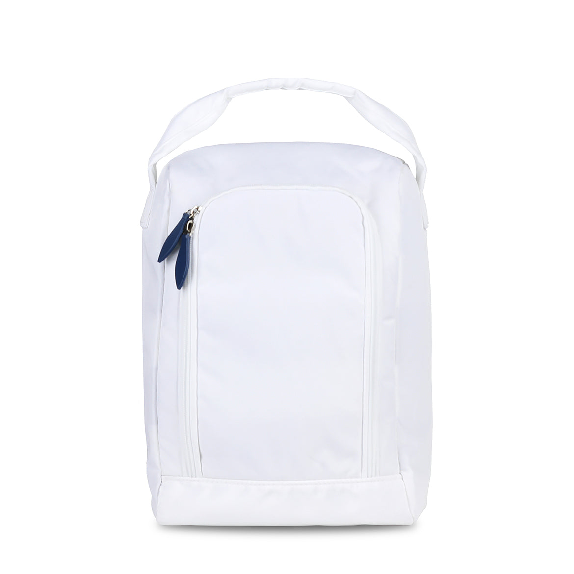 front view of white shoe bag with navy zipper