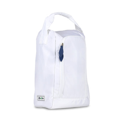 side view of white shoe bag with navy zipper