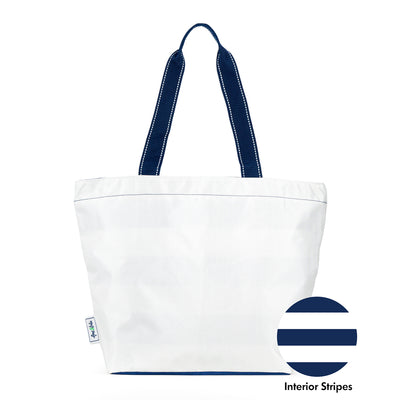 white nylon tote bag with navy straps with a swatch next to it with navy and white interior stripes