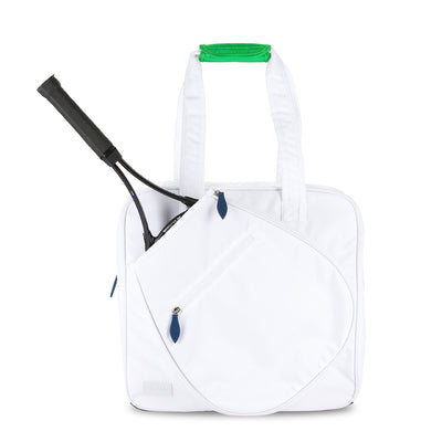 Front view of white tennis tote with green handle and tennis racquet in front pocket