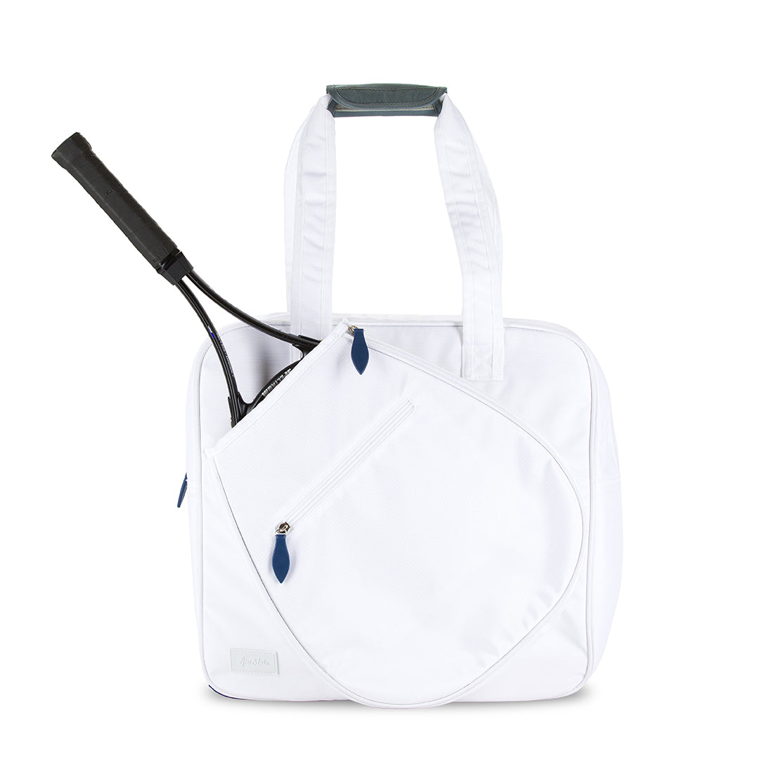 Front view of white tennis tote with grey handle and tennis racquet in front pocket