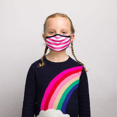 girl wearing pink and white striped kids face mask