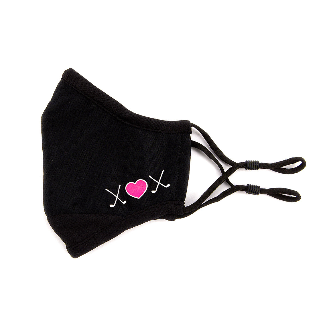black face mask with white and pink crossed golf clubs and heart printed on one side