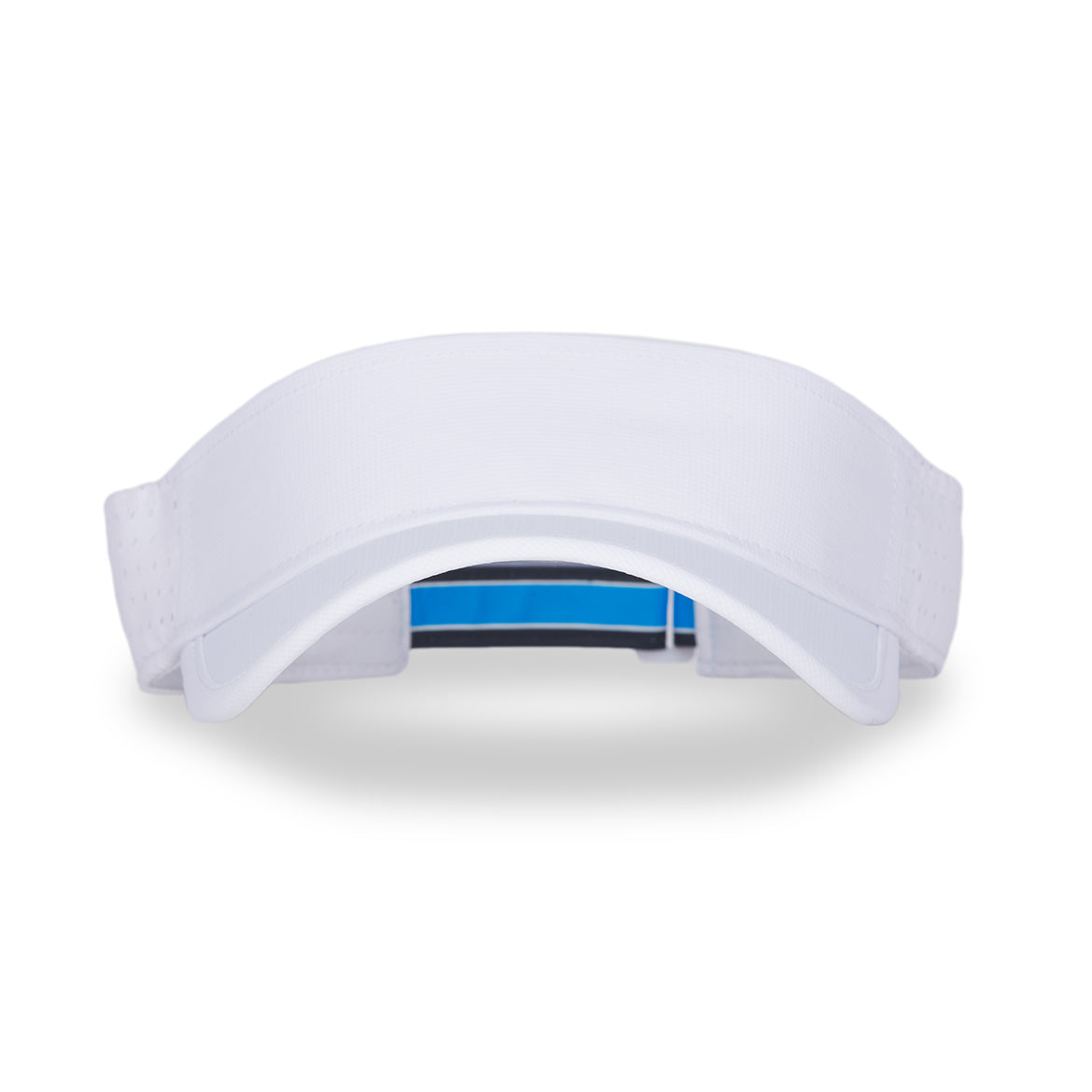 Front view of white visor with blue and navy striped adjustable strap on the back.
