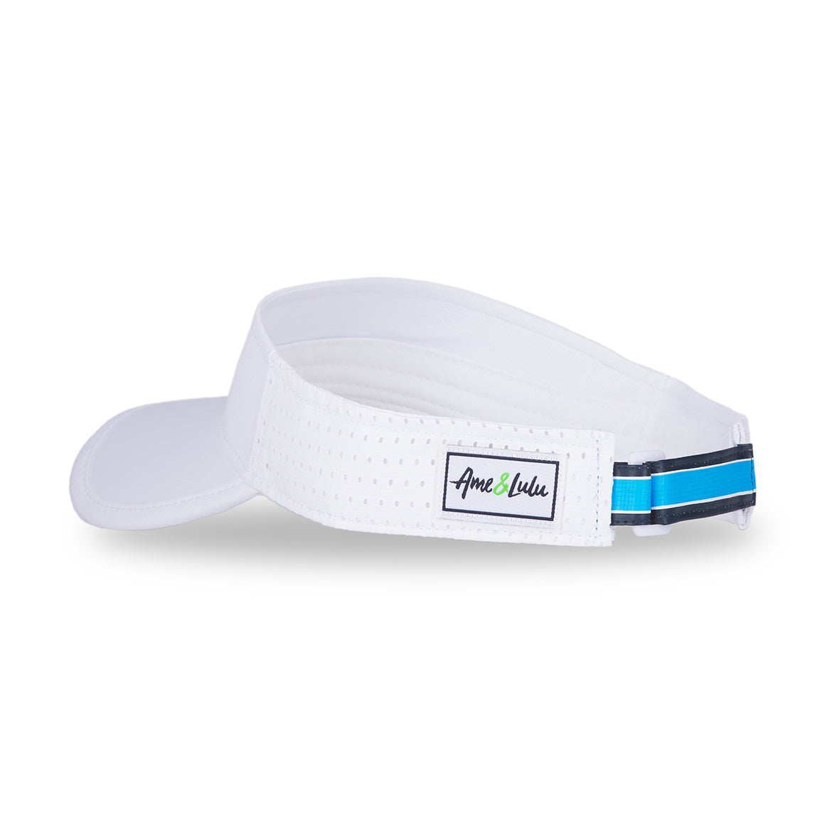 Side view of white visor with blue and navy striped adjustable strap on the back.