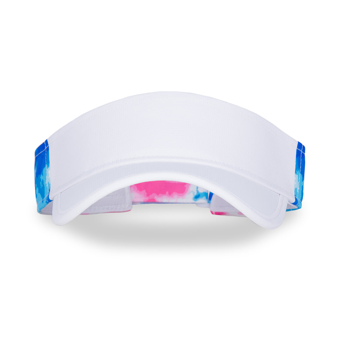 Front view of pink and blue tie dye kids visor
