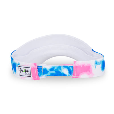 Back view of pink and blue tie dye kids visor