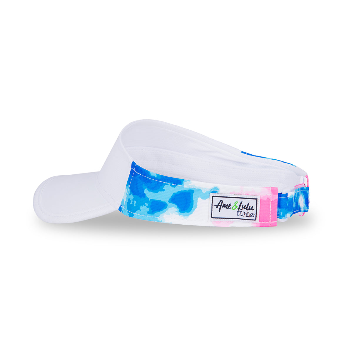 side view of pink and blue tie dye kids visor
