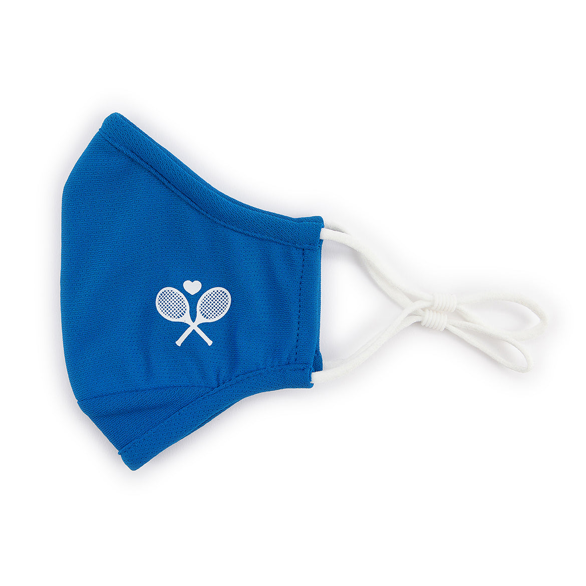 bright blue face mask with white crossed racquets printed on one side