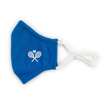 bright blue face mask with white crossed racquets printed on one side