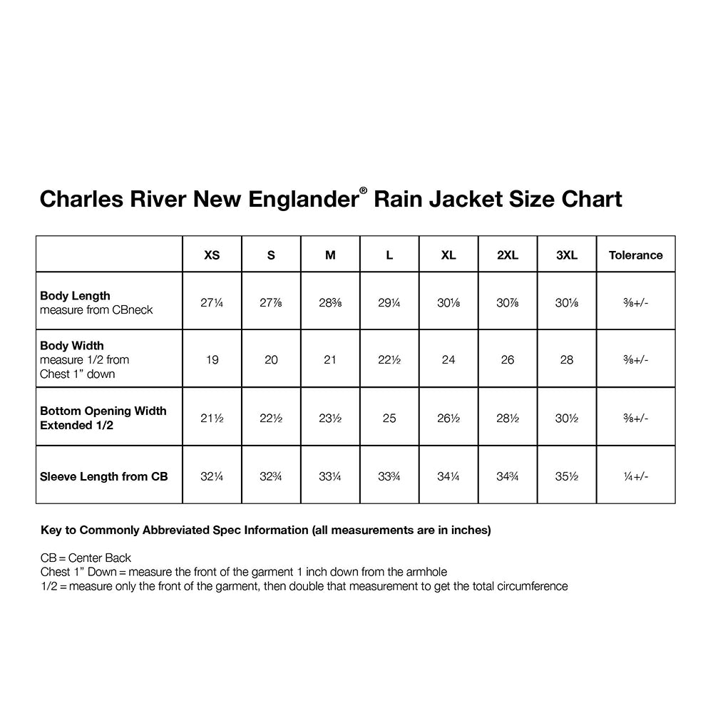 Charles river rain hotsell jacket size chart