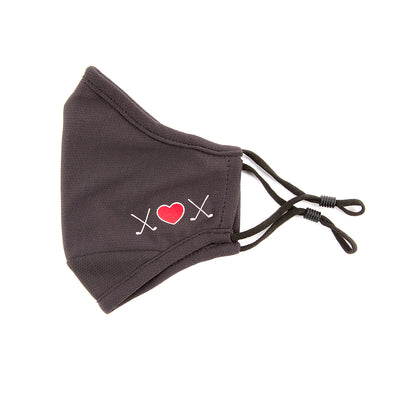 charcoal grey face mask with white crossed golf clubs and red heart printed on one side