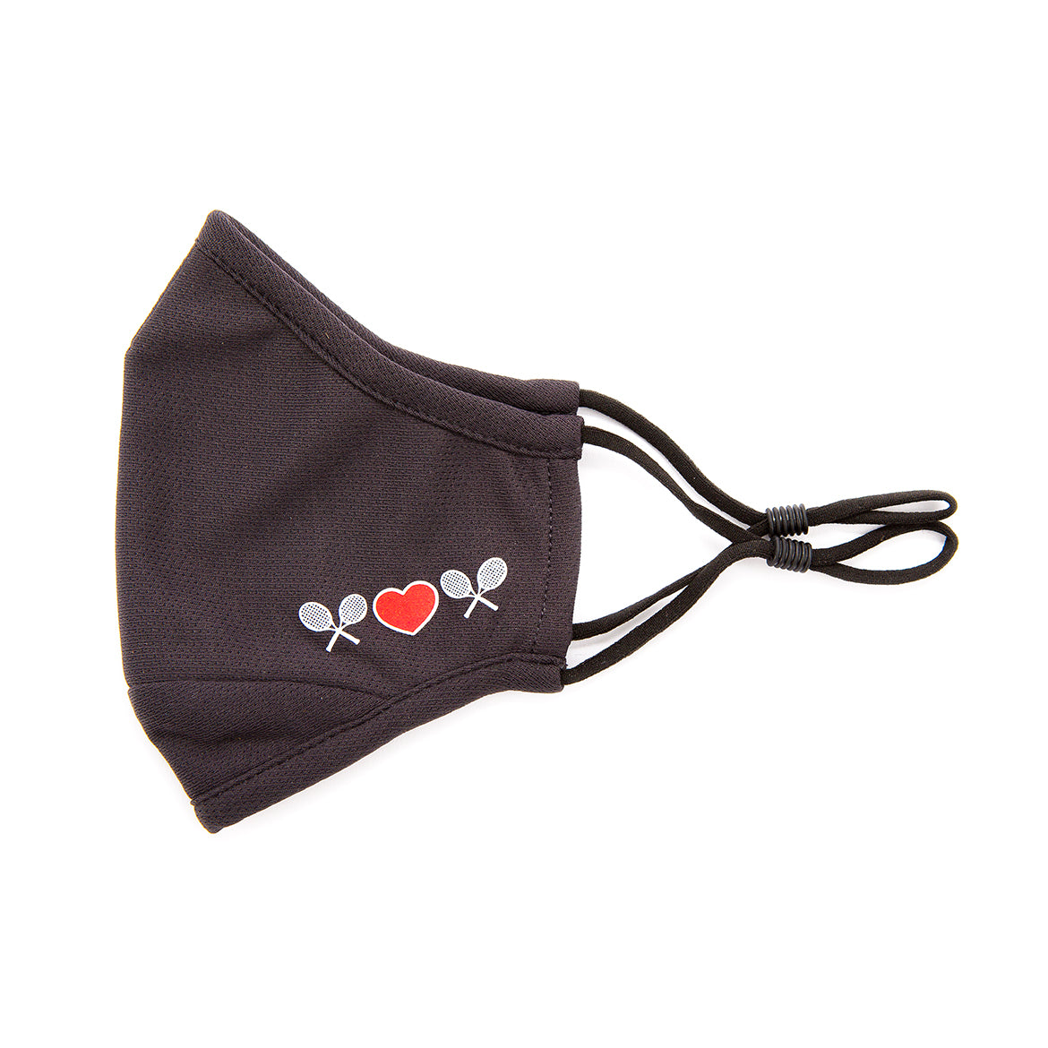charcoal grey face mask with white tennis racquets and red heart printed on one side