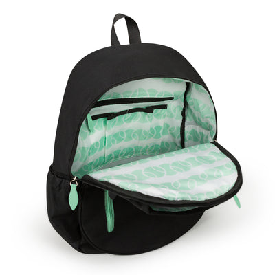 Inside view of black tennis backpack with mint green and white tennis ball repeating pattern.