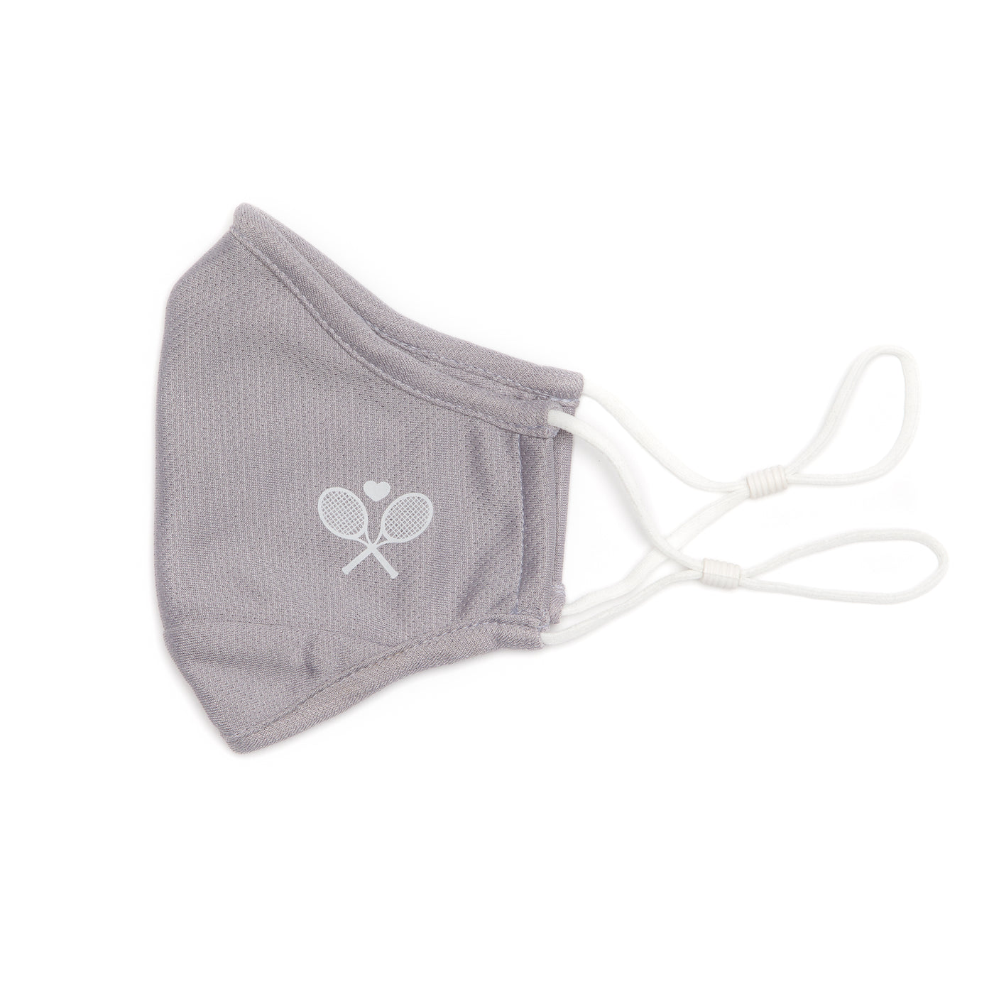 light grey face mask with white crossed racquets printed on one side 