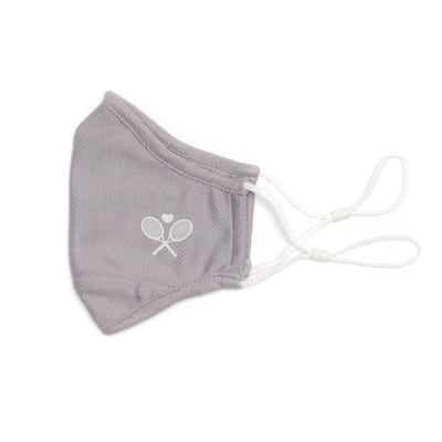 light grey face mask with white crossed racquets printed on one side 