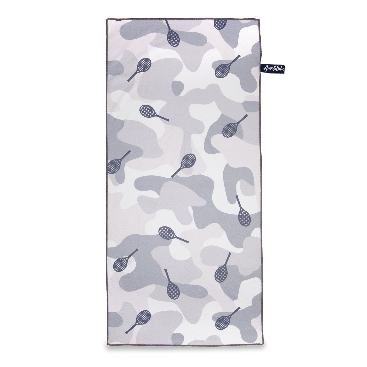 rectangular towel printed with grey camo and repeating grey tennis racquet pattern.