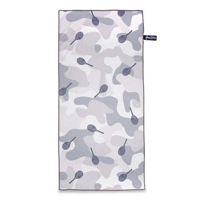 rectangular towel printed with grey camo and repeating grey tennis racquet pattern.