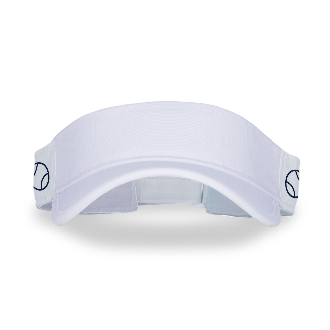 front view of white kids visor with navy tennis balls printed on sides.