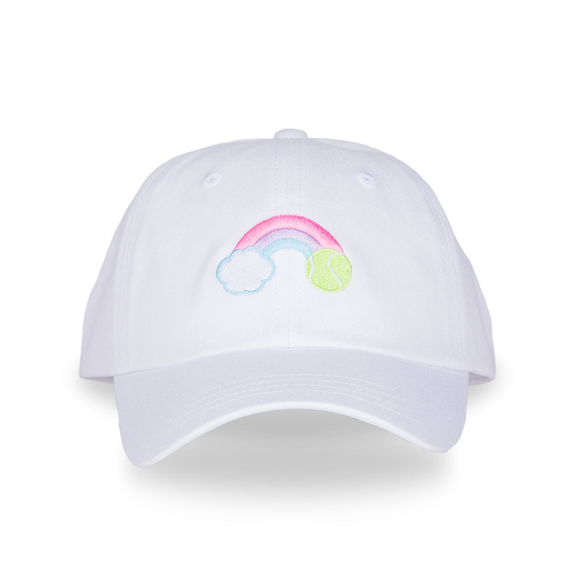 Front view of white kids baseball hat with rainbow and tennis ball embroidered on front