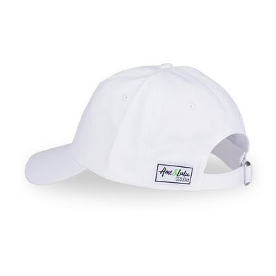 Back view of white kids baseball hat with rainbow and tennis ball embroidered on front