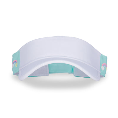 Front view of light blue kids visor with rainbows and tennis balls printed on the sides.