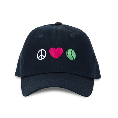 Front view of navy kids baseball hat with white peace sign, pink heart and green tennis ball embroidered on front.