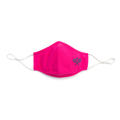hot pink face mask with navy crossed racquets printed on one side