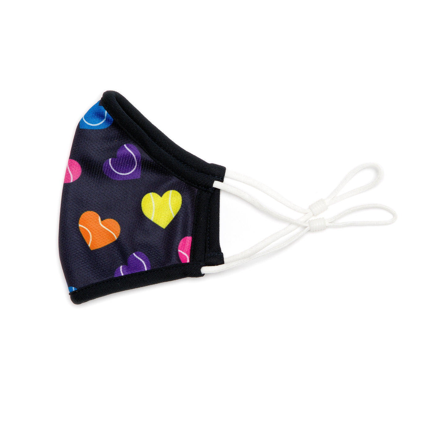 navy with rainbow color heart shaped tennis ball pattern kids face mask