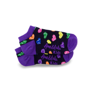 pair of navy kids socks with purple heel and toes, and rainbow heart shaped tennis balls stitched on to socks