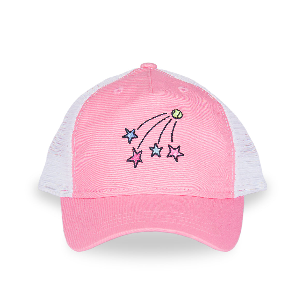 front view of pink and white kids trucker hat with shooting stars embroidered on the front