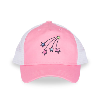 front view of pink and white kids trucker hat with shooting stars embroidered on the front