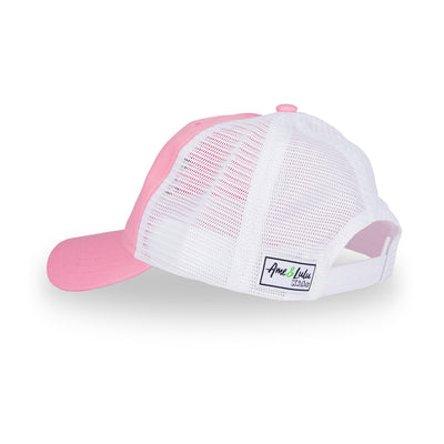 Side view of pink and white kids trucker hat with shooting stars embroidered on the front