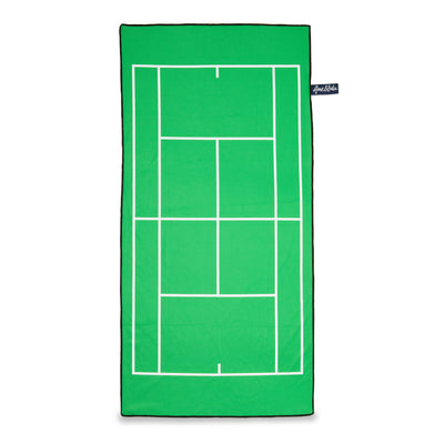 Green rectangular towel with navy trim and white tennis court printed on front.